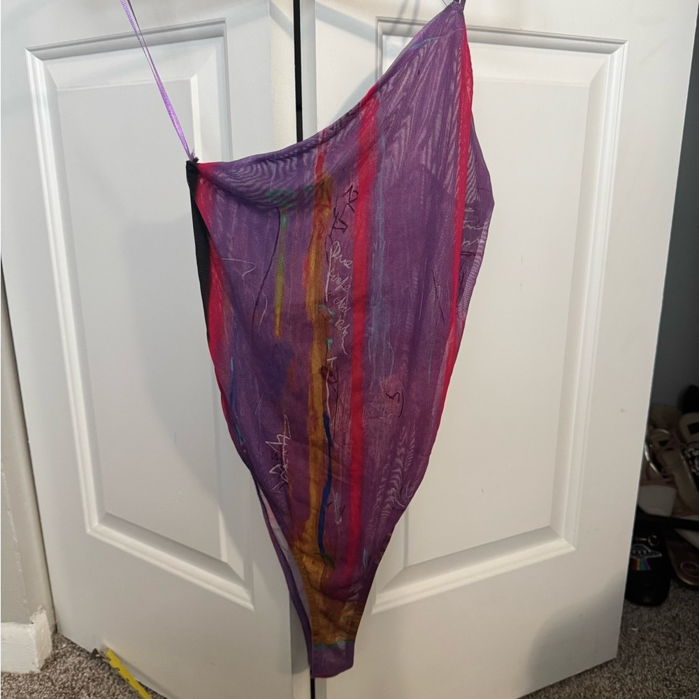 ZARA °DAVID PHER printed asymmetric body suit, purple 2300